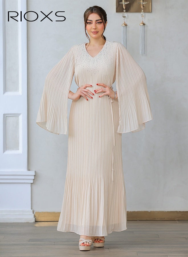 RIOXS Women's Dresses, Chiffon Diamond Ironing Pleated Long Dress, Classic Muslim Abayas for Women, Stylish Ladies Saudi Arabia Muslim Robe, Elegant Evening Dress Maxi Dresses, Lady's Dress for Parties Festival and Special Occasions, Beige Flowy Dresses  - Image 1