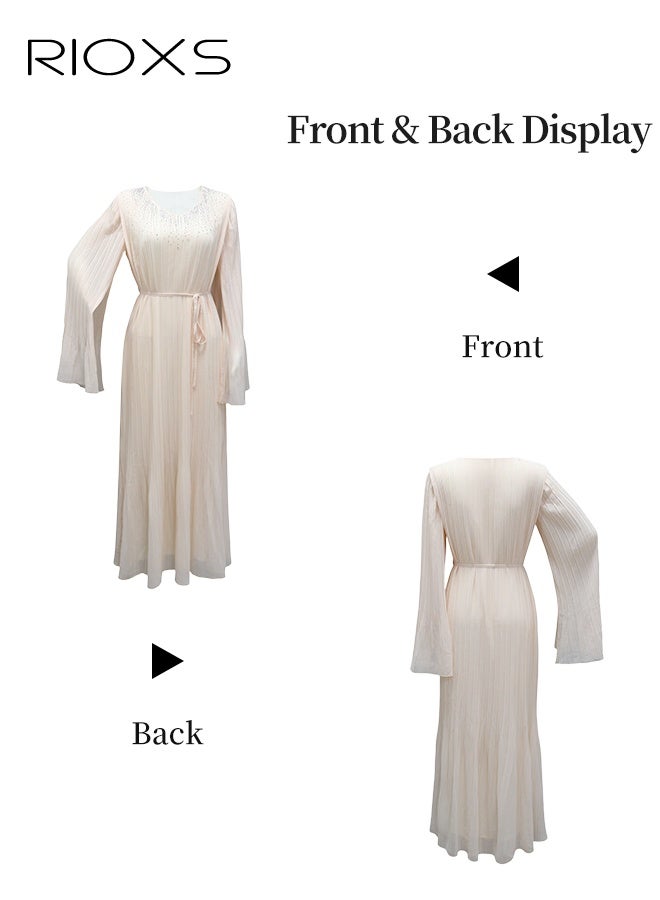RIOXS Women's Dresses, Chiffon Diamond Ironing Pleated Long Dress, Classic Muslim Abayas for Women, Stylish Ladies Saudi Arabia Muslim Robe, Elegant Evening Dress Maxi Dresses, Lady's Dress for Parties Festival and Special Occasions, Beige Flowy Dresses  - Image 2