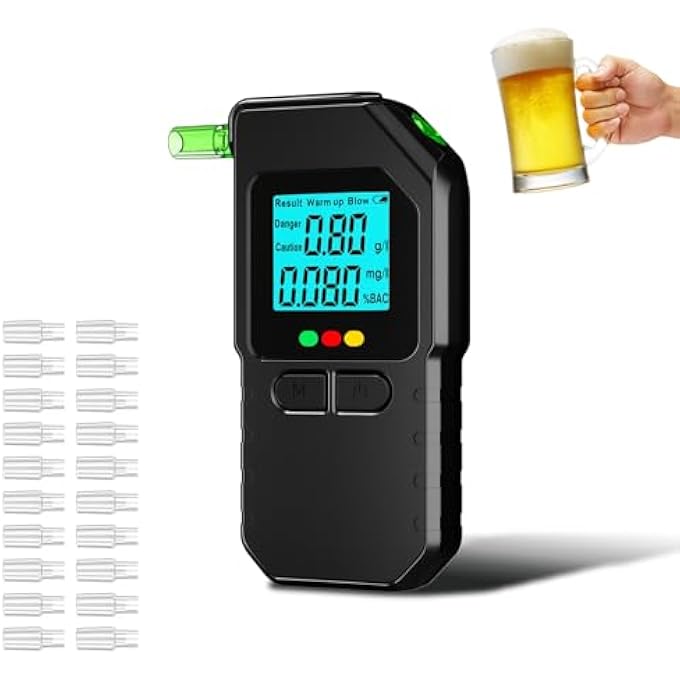 rayihni Alcohol Tester, High Precision Promille Meter Digital LCD Display Professional Breathalyser with 20 Mouthpieces Double Sensor 2 Button Operation for Use at Home or at Parties - Image 2