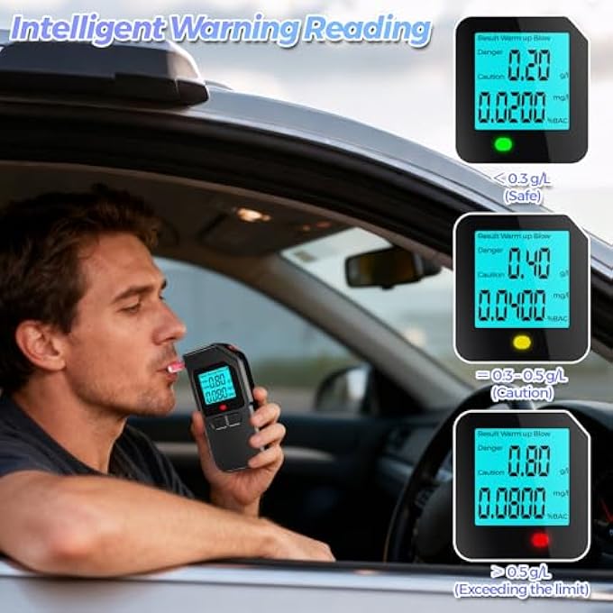 rayihni Alcohol Tester, High Precision Promille Meter Digital LCD Display Professional Breathalyser with 20 Mouthpieces Double Sensor 2 Button Operation for Use at Home or at Parties - Image 3