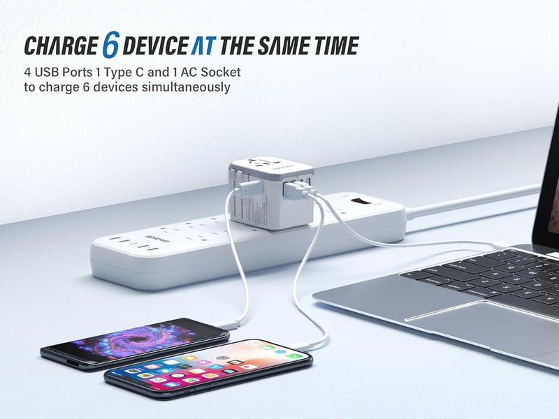 EPICKA Universal Travel Adapter, European Travel Plug Adapter - International Power Adapter Worldwide Charger with USB-C & 4 USB-A Ports, Travel Essentials for Italy, Japan, Europe, UK (TA-105, White) - Image 2