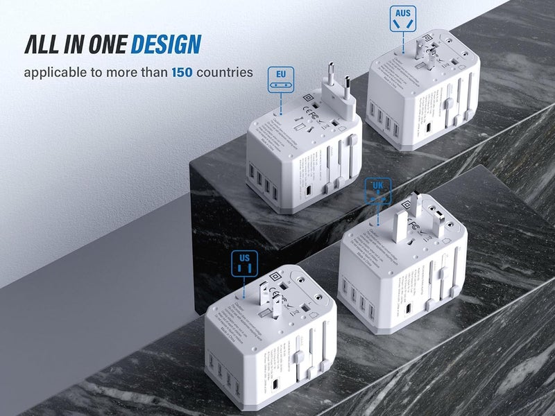 EPICKA Universal Travel Adapter, European Travel Plug Adapter - International Power Adapter Worldwide Charger with USB-C & 4 USB-A Ports, Travel Essentials for Italy, Japan, Europe, UK (TA-105, White) - Image 3