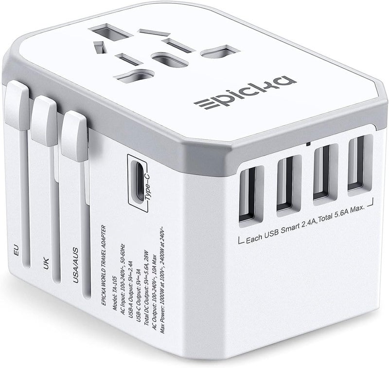 EPICKA Universal Travel Adapter, European Travel Plug Adapter - International Power Adapter Worldwide Charger with USB-C & 4 USB-A Ports, Travel Essentials for Italy, Japan, Europe, UK (TA-105, White) - Image 1