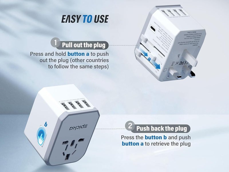 EPICKA Universal Travel Adapter, European Travel Plug Adapter - International Power Adapter Worldwide Charger with USB-C & 4 USB-A Ports, Travel Essentials for Italy, Japan, Europe, UK (TA-105, White) - Image 4