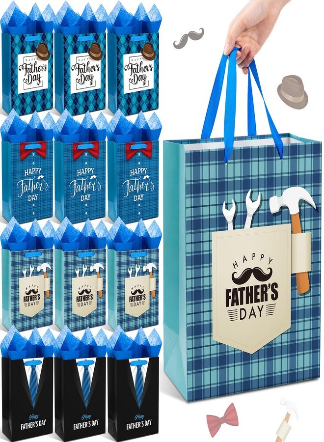 Kolldenn 12 Pcs 13" Large Fathers Day Gift Bags with Tissue Paper Happy Father's Day Gift Bag Bulk 4 Designs Dad Present Wrapping Supplies with Handle for Men Dad Grandpa Party Favor Supplies - Image 1