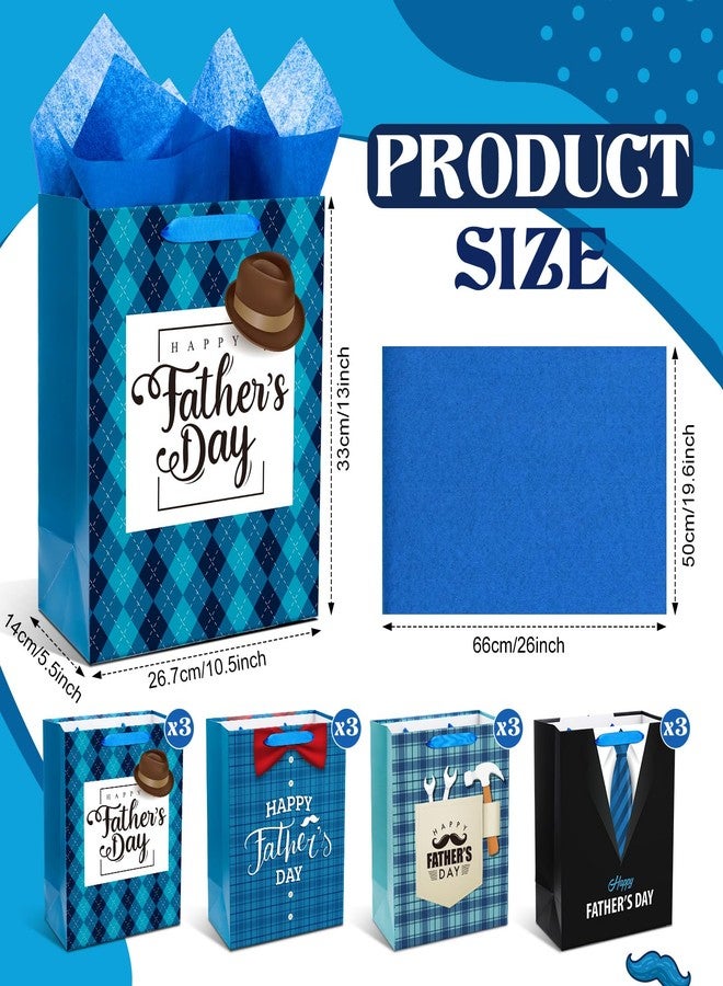 Kolldenn 12 Pcs 13" Large Fathers Day Gift Bags with Tissue Paper Happy Father's Day Gift Bag Bulk 4 Designs Dad Present Wrapping Supplies with Handle for Men Dad Grandpa Party Favor Supplies - Image 2