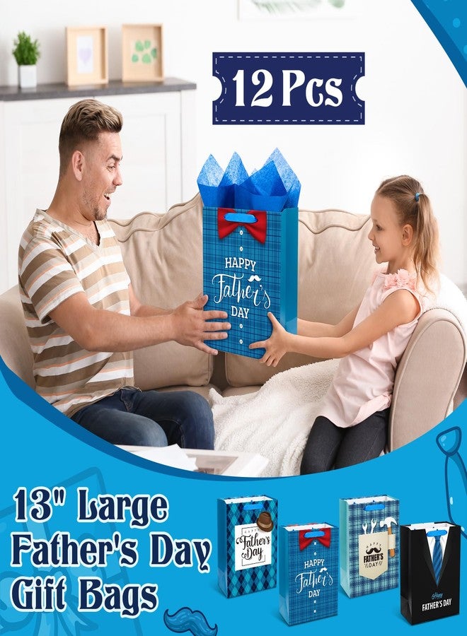 Kolldenn 12 Pcs 13" Large Fathers Day Gift Bags with Tissue Paper Happy Father's Day Gift Bag Bulk 4 Designs Dad Present Wrapping Supplies with Handle for Men Dad Grandpa Party Favor Supplies - Image 3