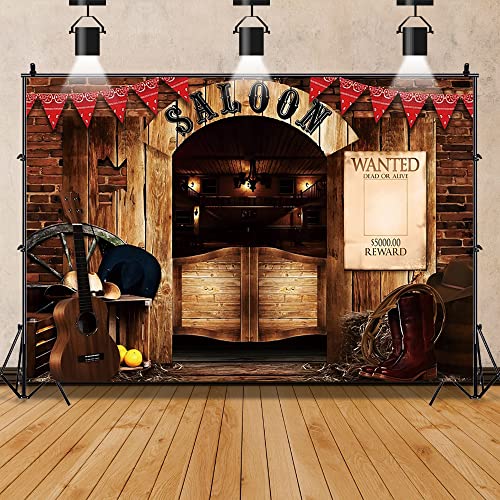 Eainb 8x6ft Vintage West Saloon Backdrop,Retro Western Cowboy Background Western Party Supplies Wooden House Barn Banner Cowboy Decoration Photo Booth Backdrop Background (Saloon) - Image 1