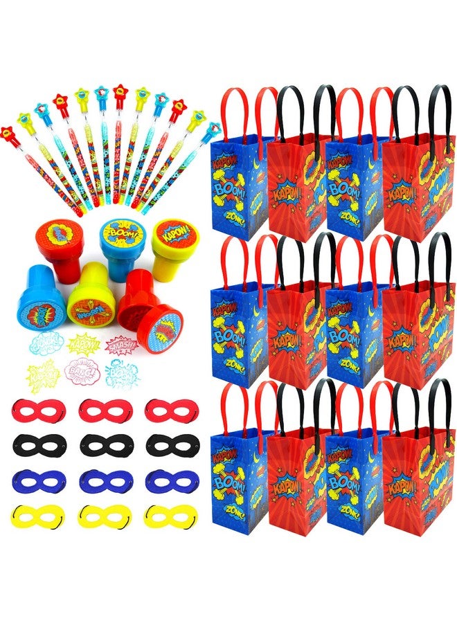 TINYMILLS مجموعة هدايا عيد ميلاد الأبطال الخارقين من Tiny Mills مكونة من 60 قطعة (12 كيس هدايا كبير مع مقابض و24 طابعًا للأطفال و12 قلم رصاص قابل للتكديس و12 قناعًا من اللباد) - Image 1