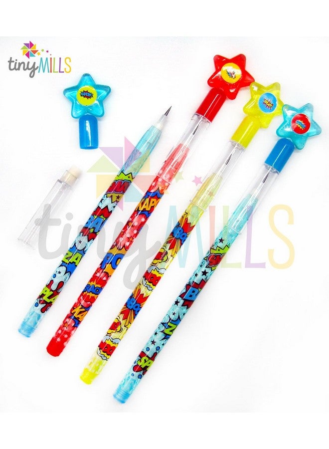 TINYMILLS مجموعة هدايا عيد ميلاد الأبطال الخارقين من Tiny Mills مكونة من 60 قطعة (12 كيس هدايا كبير مع مقابض و24 طابعًا للأطفال و12 قلم رصاص قابل للتكديس و12 قناعًا من اللباد) - Image 4