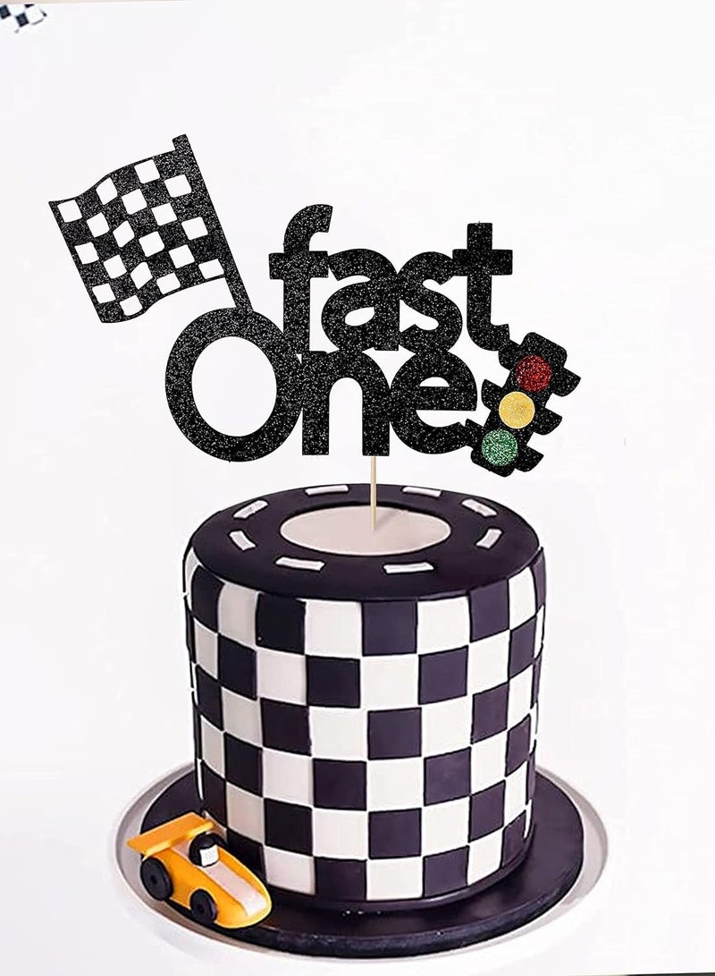 Fast One Cake Topper for 1st Birthday - Race Car Checkered Flag Themed Birthday Party Supplies， Fast One Birthday Decorations