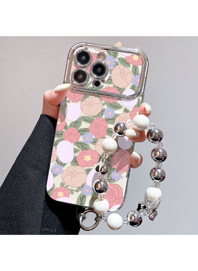 NIBEMINENT Electroplated Flowers Protective TPU Case Cover For iPhone 14 Pro, Floral Pattern With Silver Heart Beads - Image 1