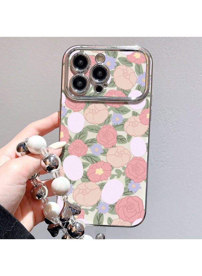 NIBEMINENT Electroplated Flowers Protective TPU Case Cover For iPhone 14 Pro, Floral Pattern With Silver Heart Beads - Image 3