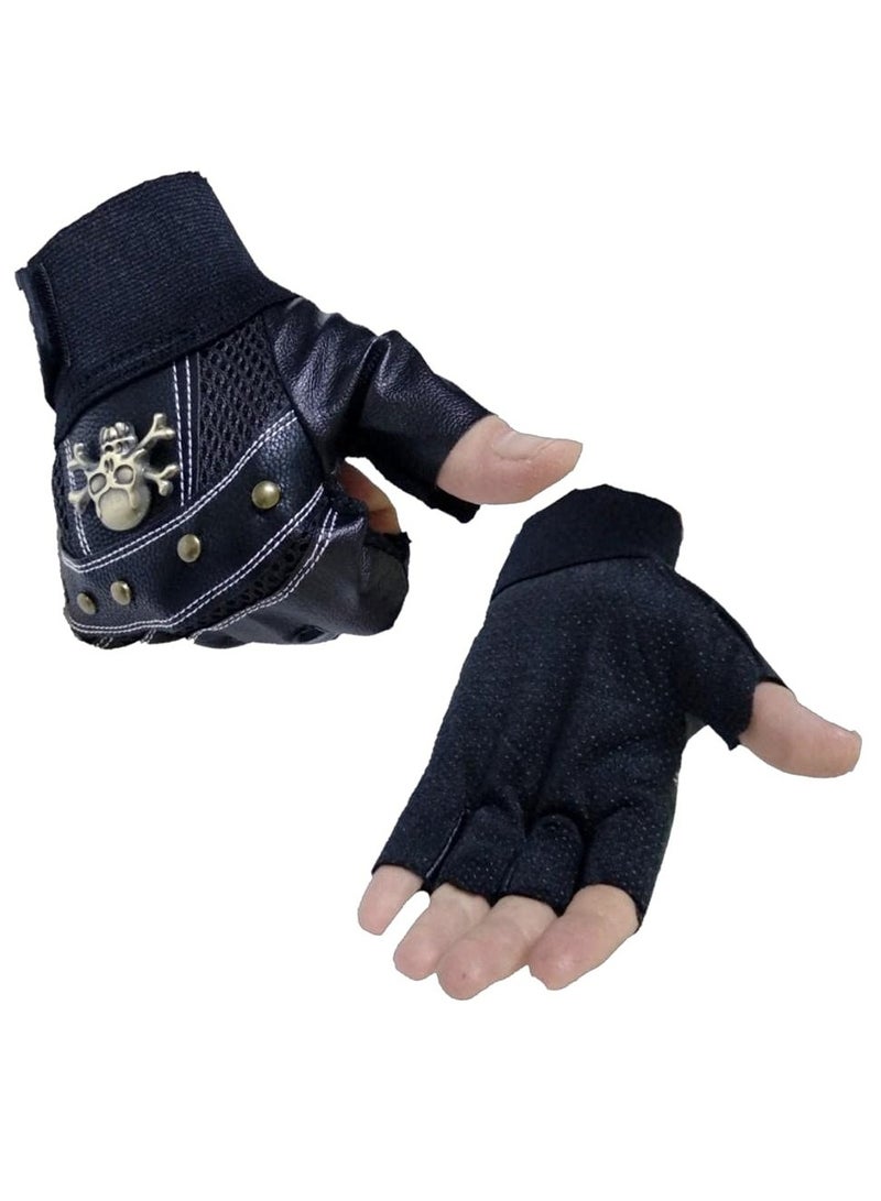قفازات شكل جمجمة جلد نصف اصابع للأنشطة الرياضية والدراجات النارية - لون اسود - Image 2