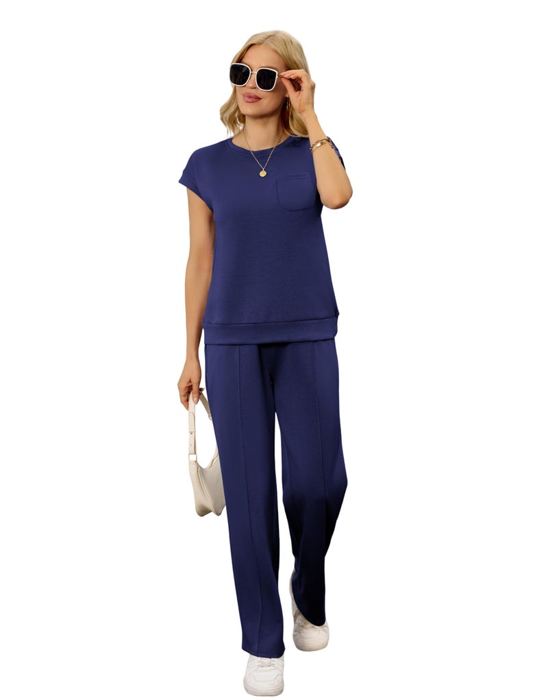 difficort Lounge Sets for Women 2 Piece Outfits Summer Cap Sleeve Tops Wide Leg Long Pants Going Out Casual Outfits Vacation Travel Matching Tracksuit Set,Navy,X-Large - Image 4