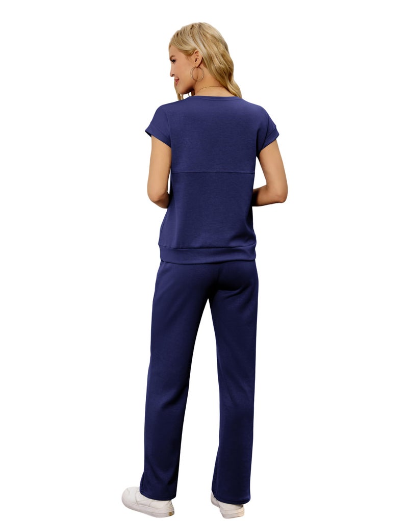 difficort Lounge Sets for Women 2 Piece Outfits Summer Cap Sleeve Tops Wide Leg Long Pants Going Out Casual Outfits Vacation Travel Matching Tracksuit Set,Navy,X-Large - Image 3