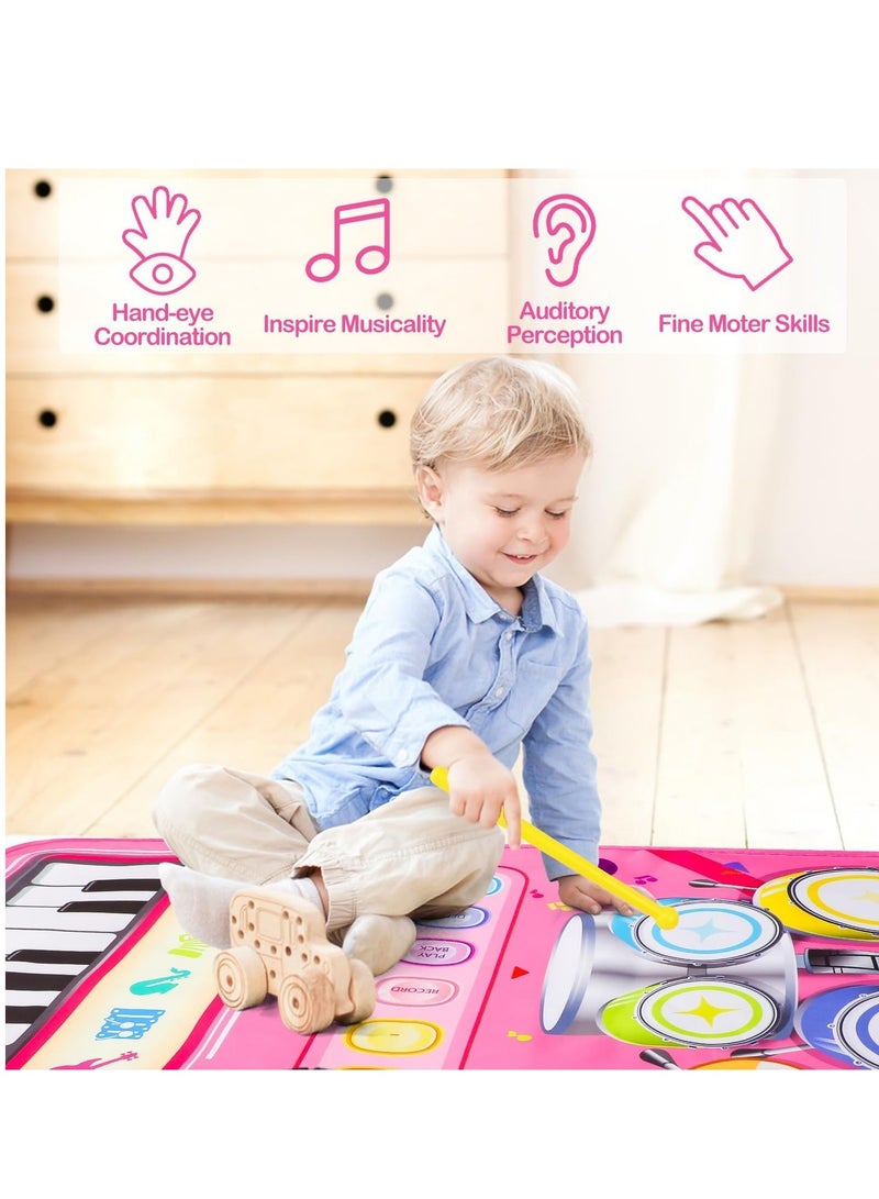 Zikra Piano Keyboard & Drum Musical Mats - 2 in 1 Musical Play Mat with 2 Sticks, Early Educational Toys, Sensory Toys for 3 Year Old Girl Boy Birthday Gift - Image 1
