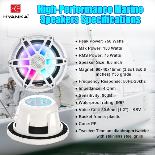 H YANKA HMS-65 6.5 Marine Speakers - 750W 2-Way IP67 Waterproof Boat Stereo System with LED Lights, High-Fidelity Coaxial Speakers, Y35 Magnet Woofer, UV & Salt Spray Resistant - 1 Pair (White) - Image 5