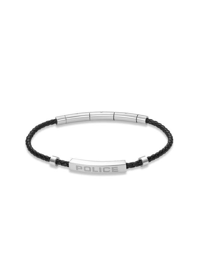POLICE Contour BraceletBlack Leather with Stainless Steel Rings and Etched  PlaqueMen's Bold Statement Style  - Image 2