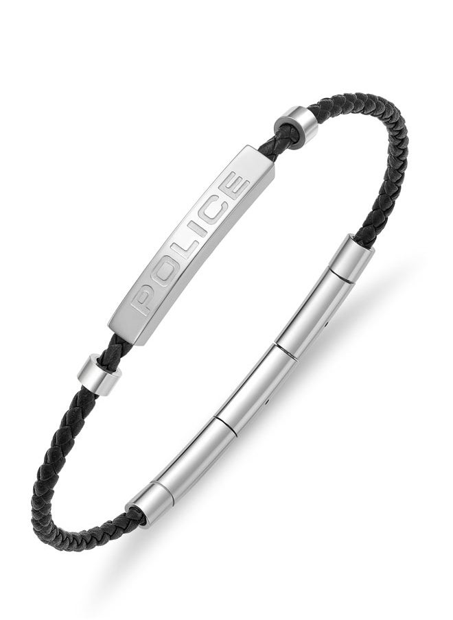 POLICE Contour BraceletBlack Leather with Stainless Steel Rings and Etched  PlaqueMen's Bold Statement Style  - Image 1