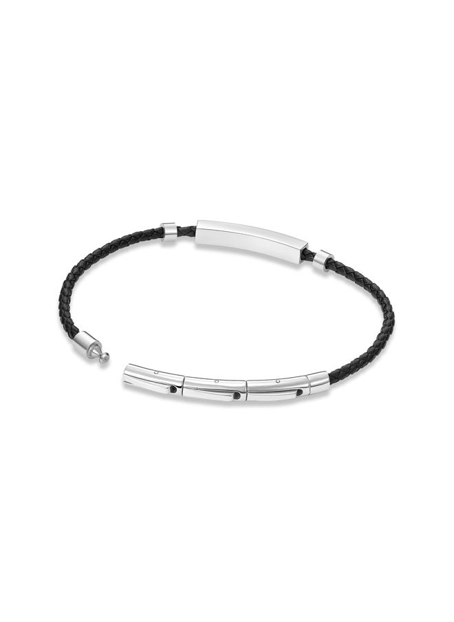POLICE Contour BraceletBlack Leather with Stainless Steel Rings and Etched  PlaqueMen's Bold Statement Style  - Image 3
