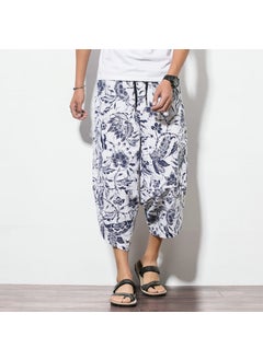Summer Japanese Plus Size Mens Ethnic Print Linen Capris White color 7