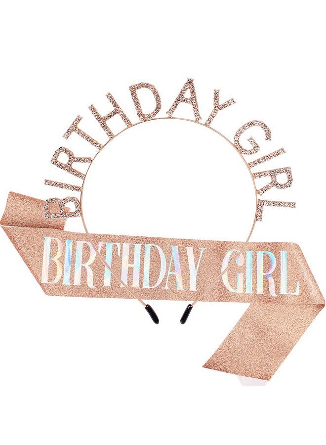 AOPRIE Birthday Crown For Women With Sash Rose Gold Blink Pink Birthday Tiara For Women Birthday Girl Headband Princess Crown Rhinestone Happy Birthday Accessories - Image 1