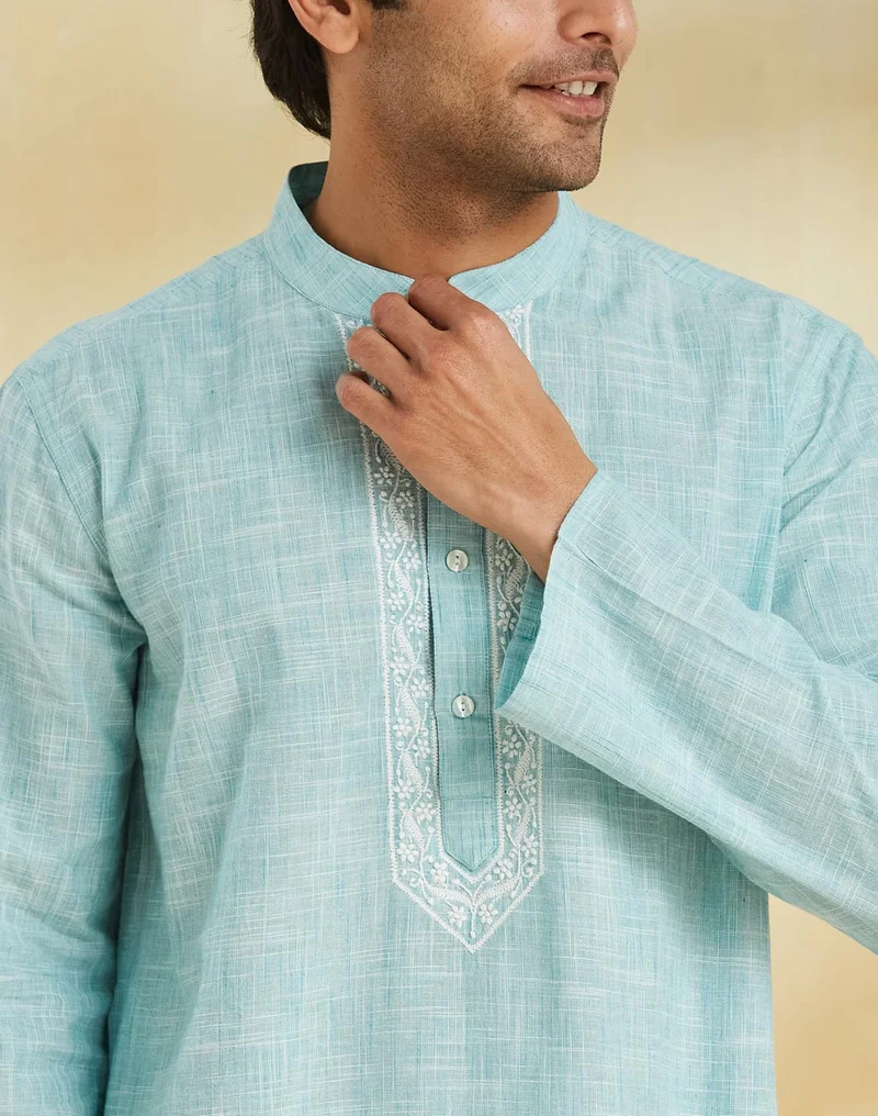 Fabindia Teal Cotton Chikankari Long Kurta