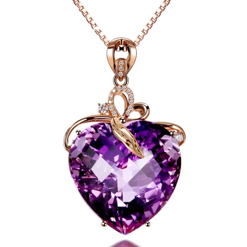 Generic Luxurious Heart-Shaped Amethyst Pendant 18K Gold Gemstone Necklace for Women Rose gold box chain "45cm long] 