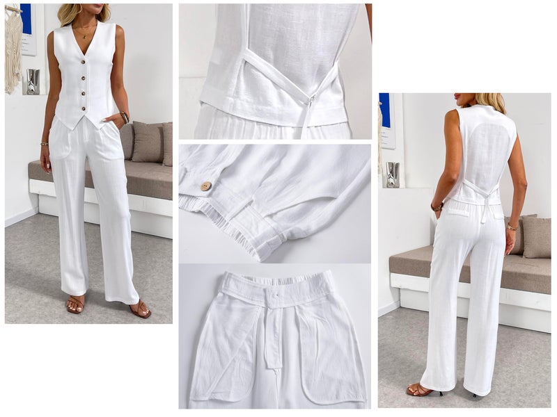 heipeiwa Women's 2 Piece Outfits Linen Vest Waistcoat Dressy Casual Sets Wide Leg Pants Suits White - Image 4