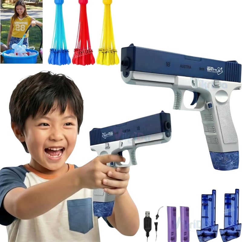 VikriDA High Pressure Electric Water Gun | 300CC Water Blaster with 25–32 ft Range & 2 Water Clips | Free Extra Rechargeable Battery & 111 Magic Balloons | Pool Party Splash Toy – Blue - Image 3