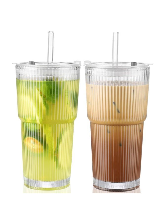 CWHHRN 20 Oz Glass Cups with Lid and Straw 2 Set, Glass Tumbler with Straw and Lid, Vintage Glassware for Whiskey Cocktail Beer, Iced Coffee Cups with Lid (2 PACK) - Image 1