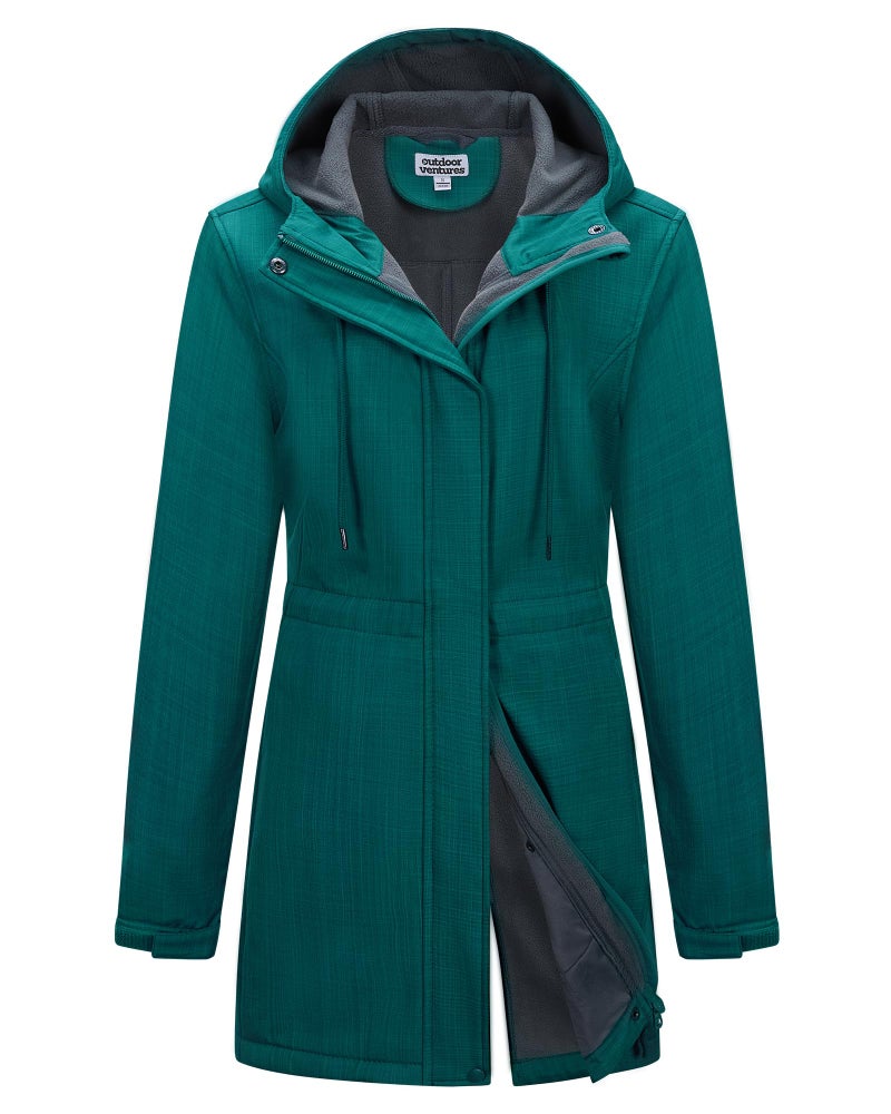 Outdoor Ventures Women's Lightweight Waterproof Fleece Lined Hooded Softshell Rain Jacket, Warm Windbreaker Long Coat - Image 1