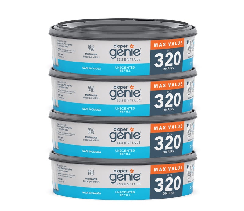 Diaper Genie Essentials Round Refill Pack of 4 | Holds Up to 1280 Newborn Diapers | Features Unscented Continuous Film | Compatible with Diaper Genie Complete and Expressions Pails - Image 1