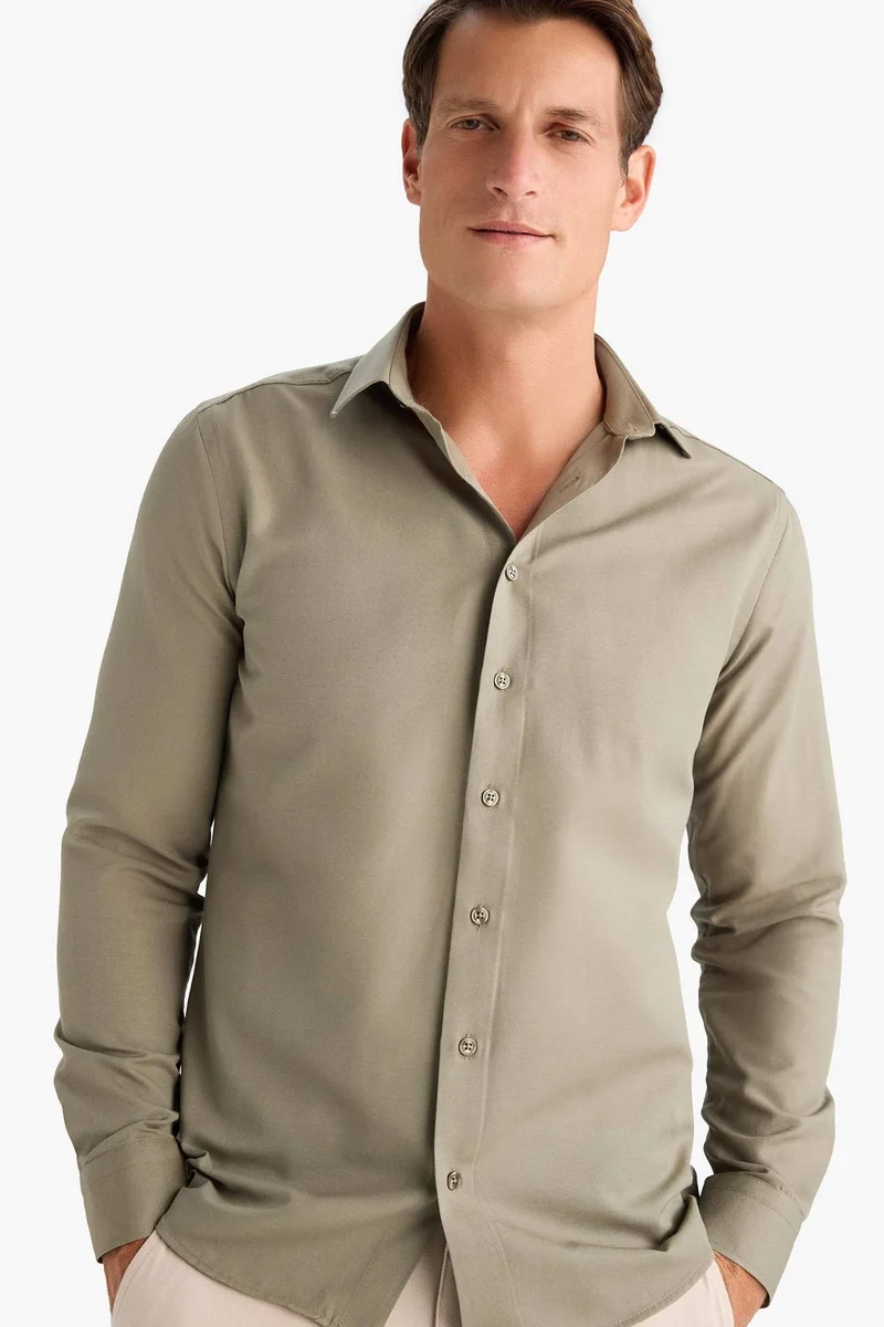ديفاكتو Slim Fit Polo Collar Oxford Long Sleeve Shirt
