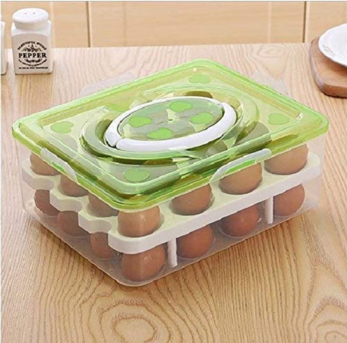 EGG TRAY 2 LAYER 32 PCS EGG WITH COVER EGG STORAGE EGG CONTAINER WITH HANDLE EGG DISPENSER WITH HANDLE FOR REFRIGERATOR