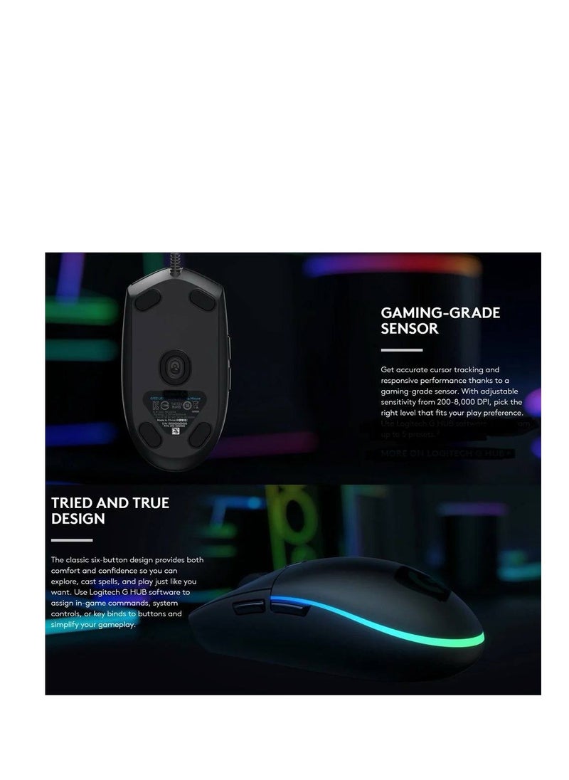 Gaming RGB Mouse Colorful Lightning With 6 Button And Nylon Braided Wire Elegant Appearance Efficient Gaming Mouse 8000 Dpi For Laptop & For Computer - Black