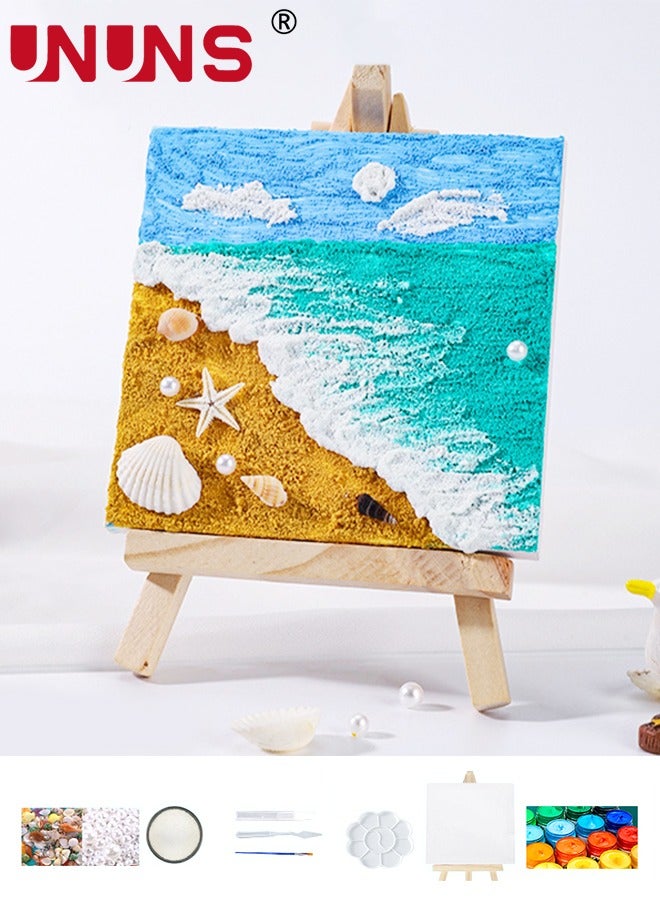 UNUNS طقم فن الرسم بالأصداف، لوحة ساحلية تجريدية بأصداف بحرية زرقاء وبيج للأطفال، رسم قوام الرمل، ديكور بموضوع الشاطئ، 15×15 سم - Image 1