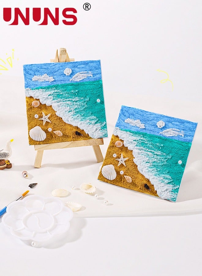 UNUNS طقم فن الرسم بالأصداف، لوحة ساحلية تجريدية بأصداف بحرية زرقاء وبيج للأطفال، رسم قوام الرمل، ديكور بموضوع الشاطئ، 15×15 سم - Image 4