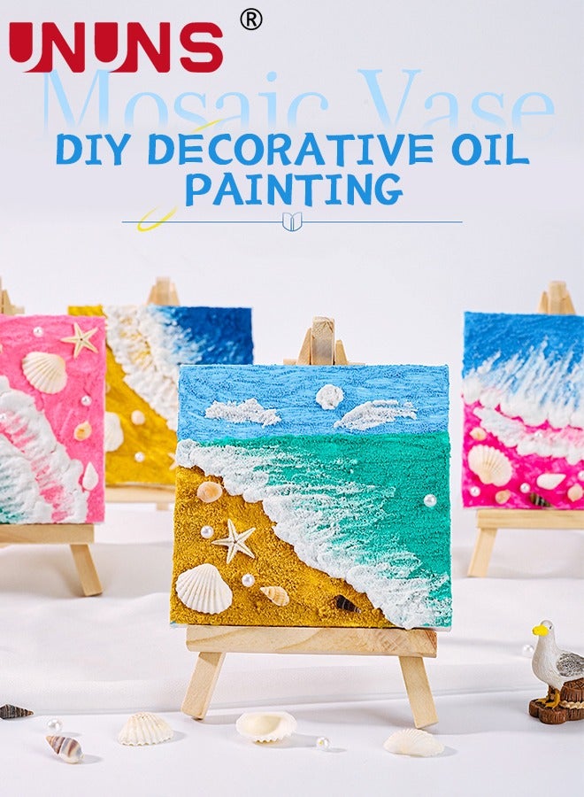UNUNS طقم فن الرسم بالأصداف، لوحة ساحلية تجريدية بأصداف بحرية زرقاء وبيج للأطفال، رسم قوام الرمل، ديكور بموضوع الشاطئ، 15×15 سم - Image 2