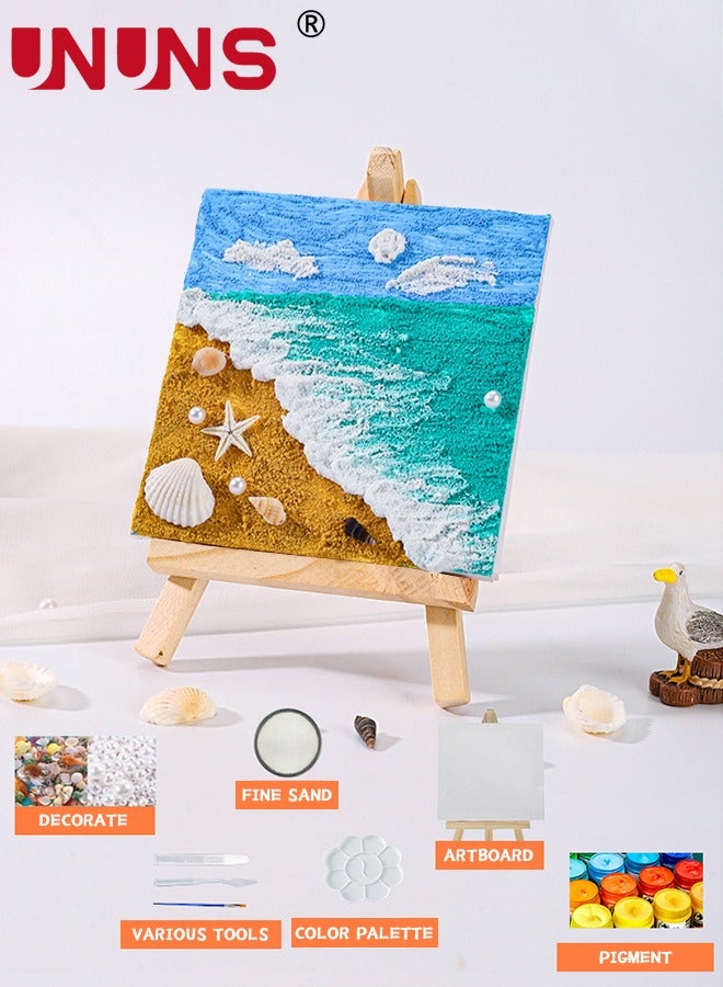 UNUNS طقم فن الرسم بالأصداف، لوحة ساحلية تجريدية بأصداف بحرية زرقاء وبيج للأطفال، رسم قوام الرمل، ديكور بموضوع الشاطئ، 15×15 سم - Image 3