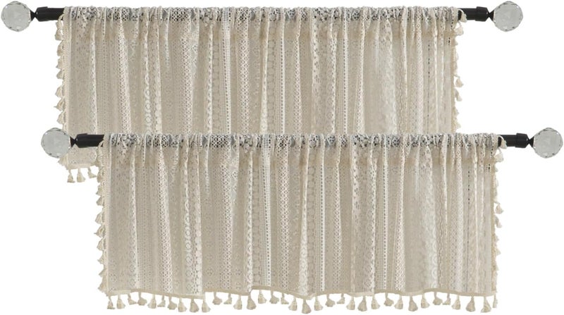 WAZZIO Beige Boho Valances 18 Inch - Cotton Blend Crochet Lace Window Toppers with Wide Rod Pocket, Short Cafe Curtains for Kitchen Living Room Bedroom (Set of 2, W59 xL18) - Image 2
