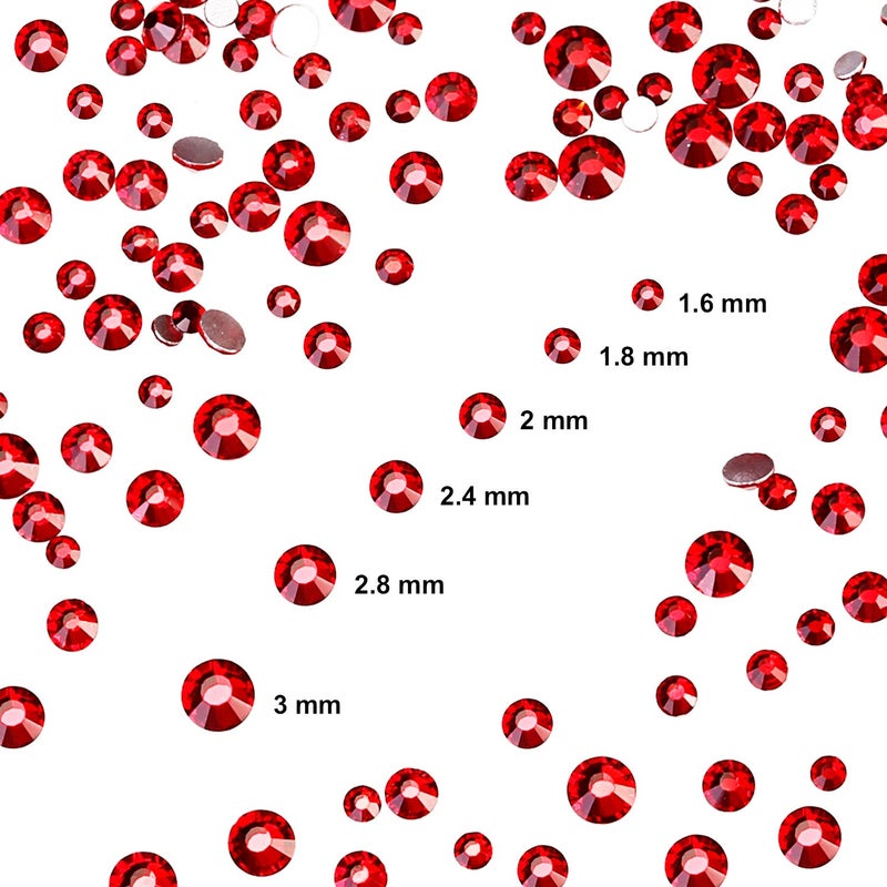 Bememo 3456 Pcs Crystals Diamond Rhinestones AB Clear Flat Back Round Gems Flatback Glass Mixed Size Crystals Gems for Crafts Clothes Shoes Makeup Bags Decor, 6 Sizes(Red) - Image 3