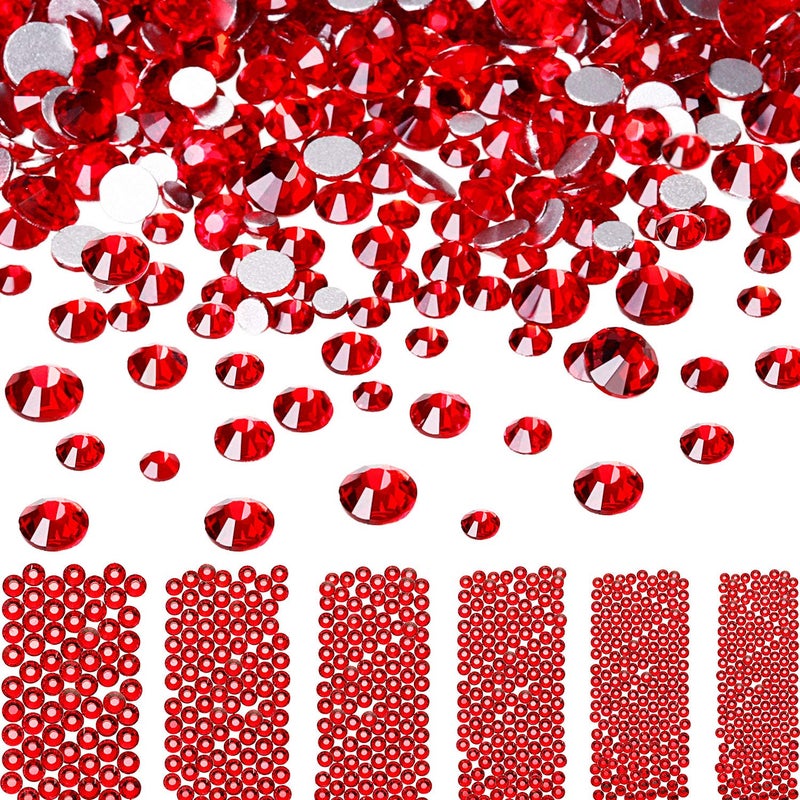 Bememo 3456 Pcs Crystals Diamond Rhinestones AB Clear Flat Back Round Gems Flatback Glass Mixed Size Crystals Gems for Crafts Clothes Shoes Makeup Bags Decor, 6 Sizes(Red) - Image 1