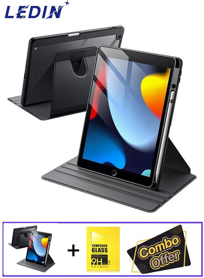 LEDIN 2 in 1 Rotating Case for iPad 8th (10.2-Inch, 2020 Model,8th Generation) with Pencil Holder,360 Degree Rotation Protective Stand Slim Cover Clear Back, Auto Wake/Sleep With Tempered Glass - Image 1