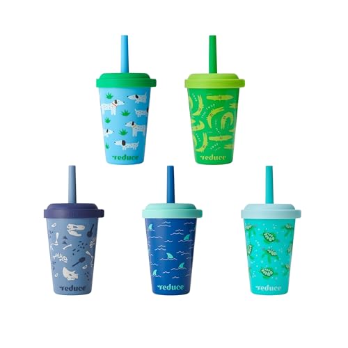 REDUCE GoGo's Kids Portable Tumbler Cups with Lids and Spill-Proof Straws - 5 Pack of Stackable 12 oz Tumblers with Twist-On Lids - Easy Storage, Dishwasher Safe - Scavenger Boy Set - Image 1