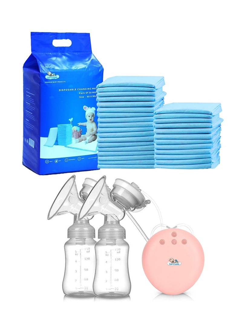 لطف وحضن فرش تغيير للاستعمال مرة واحدة من كيوت آند كادل – عبوة من 90 قطعة – باللون الأزرق شفاط حليب كهربائي مزدوج بدون استخدام اليدين – قابل للارتداء، هادئ، ومحمول مع صندوق تخزين - Image 1