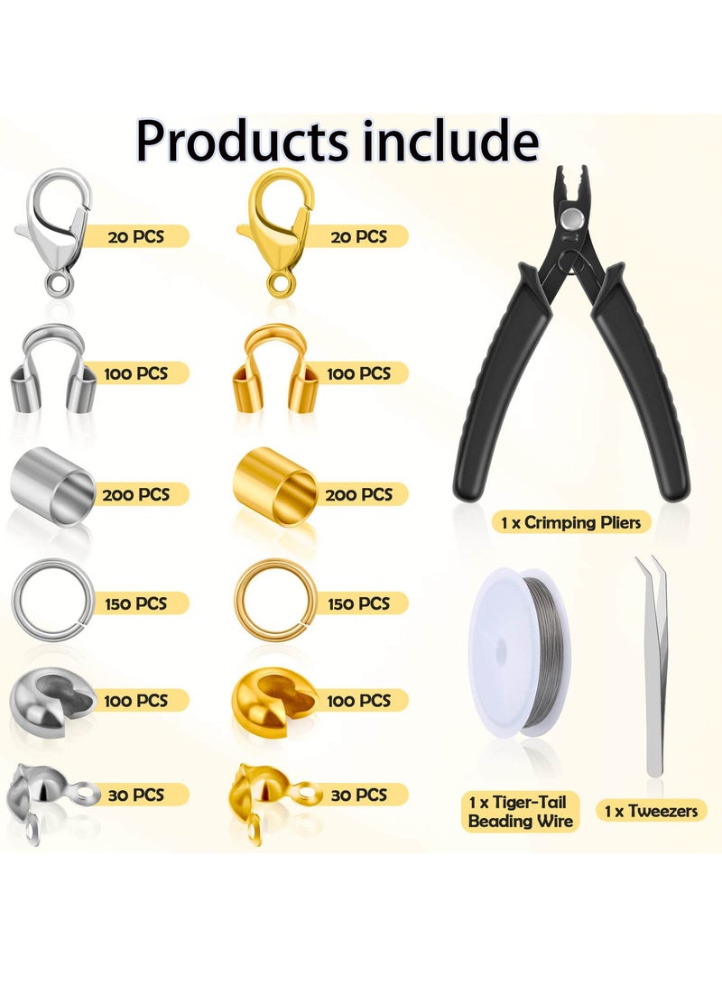 1200 Pcs Crimp Beads Kit Crimp Clasps Ends for Jewelry Making, Wire Ring Kit, Lobster Clasps, Jump Rings, Crimp Beads Covers, Crimp Pliers and Crimp Wire for Jewelry Making(Silver，Gold) - Image 3