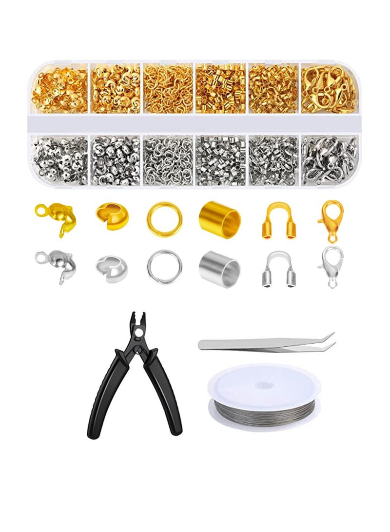1200 Pcs Crimp Beads Kit Crimp Clasps Ends for Jewelry Making, Wire Ring Kit, Lobster Clasps, Jump Rings, Crimp Beads Covers, Crimp Pliers and Crimp Wire for Jewelry Making(Silver，Gold) - Image 1