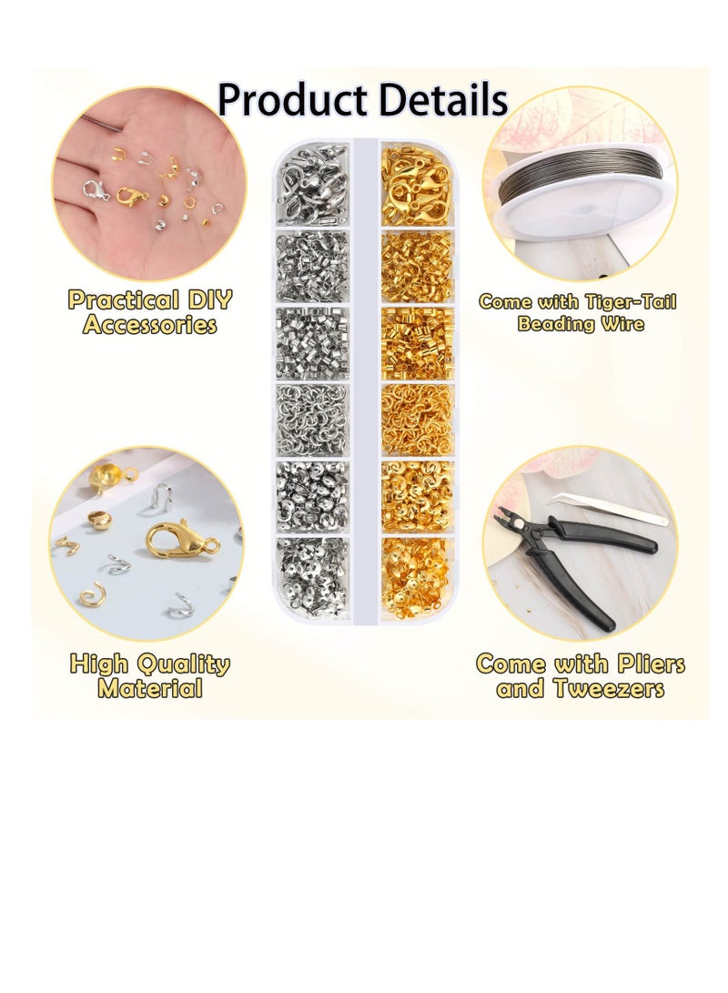 1200 Pcs Crimp Beads Kit Crimp Clasps Ends for Jewelry Making, Wire Ring Kit, Lobster Clasps, Jump Rings, Crimp Beads Covers, Crimp Pliers and Crimp Wire for Jewelry Making(Silver，Gold) - Image 5